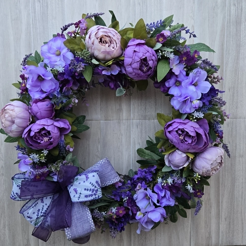 Handmade Purple Floral Wreath with Bow Summer/ Everyday Wreath